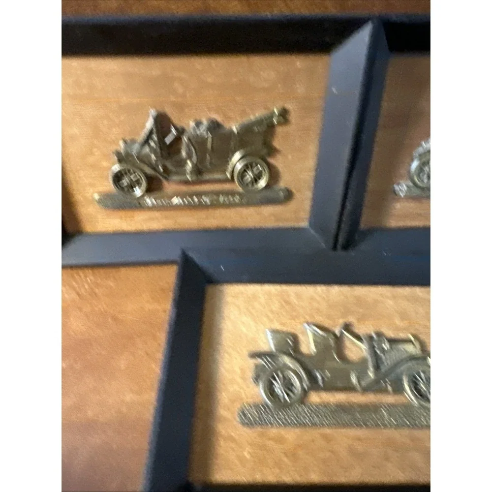 Vintage Brass Antique Cars Mounted on Wood Wall Hangings  Japan 5